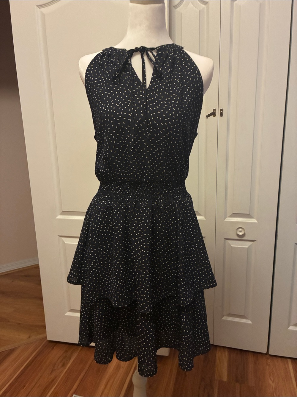 She and Sky Black Halter Midi Dress with White Dot Print